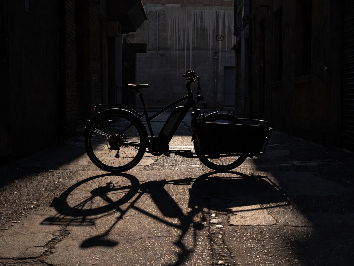 A long-tail cargo e-bike parked in an urban alleyway with deep dramatic shadows
