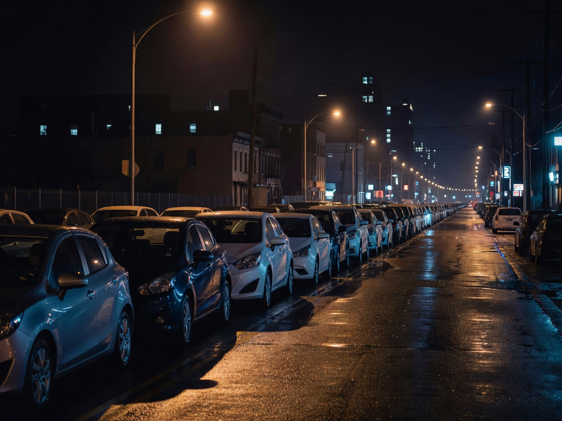 High contrast urban street at night featuring a row of parked carshare vehicles