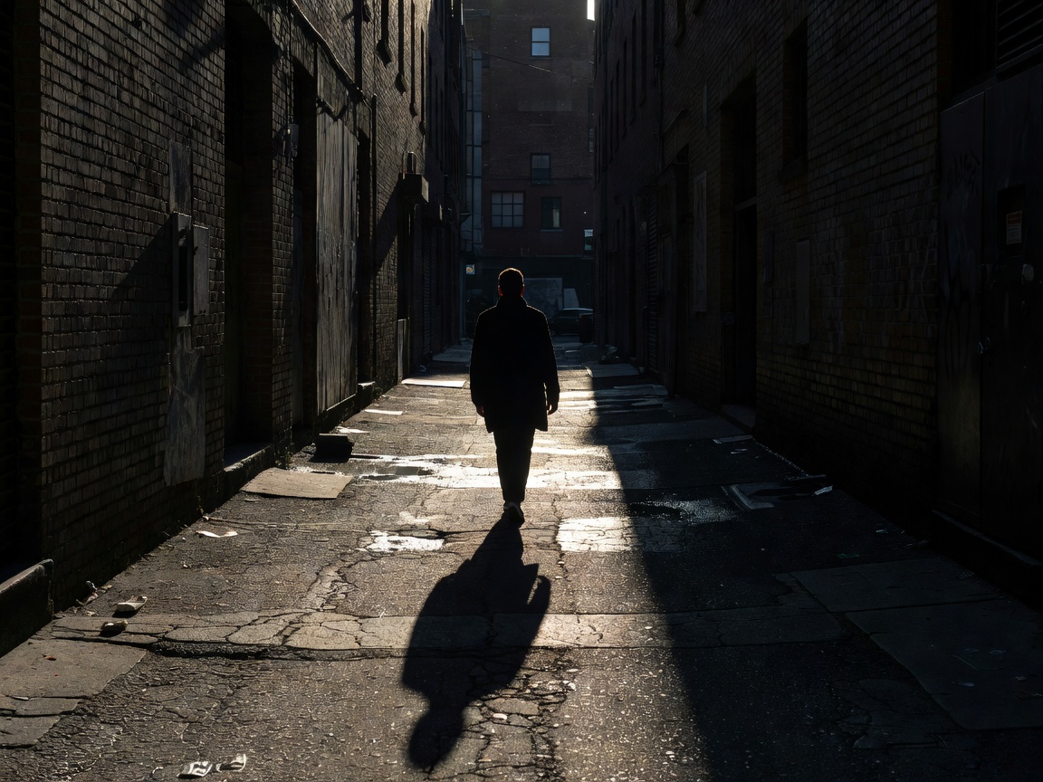 A solitary figure walking down an urban alley with high contrast lighting